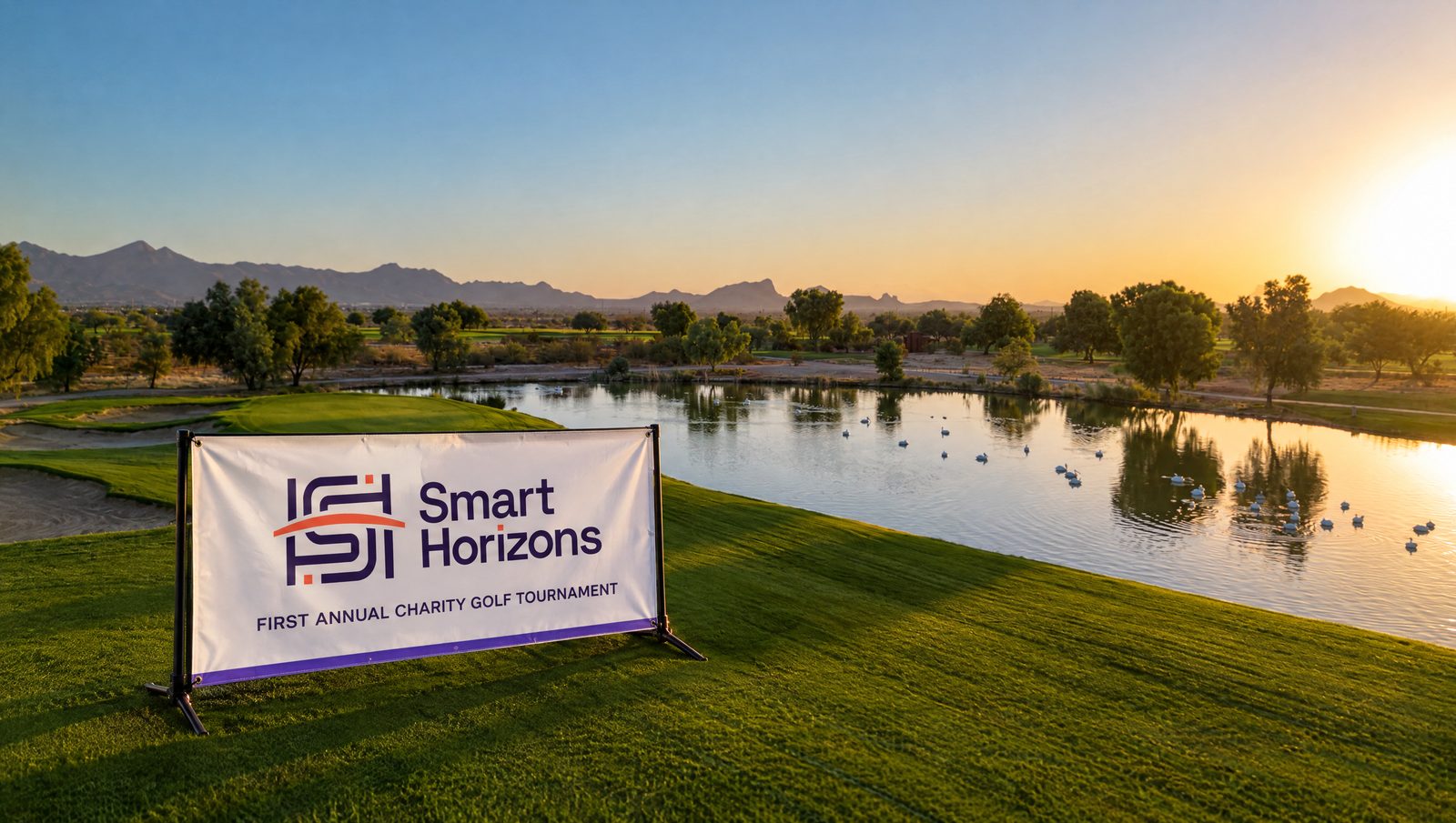 Smart Horizons tournament banner on the Talking Stick Golf Club course at golden hour